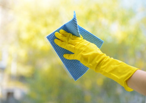 Professional cleaning team at an office workspace